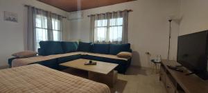 Una sala de estar con un sofá azul y un televisor. en Elena's Family House, en Artemida