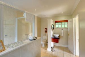 un bagno con doccia, lavandino e WC di Moorcroft Manor Boutique Country Hotel a Himeville Altre 123 foto