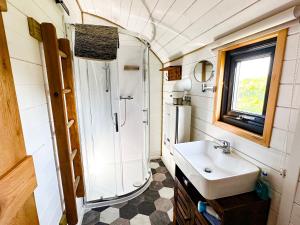 a small bathroom with a sink and a shower at Lime Kiln in Blagdon