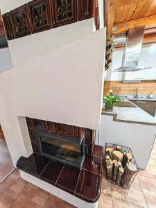 a living room with a fireplace in a house at Karmen Old Town Apartment with private parking in Košice +22 photos
