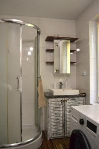 a bathroom with a shower and a sink at Pan Tadeusz pokoje gościnne in Siemiatycze +14 photos