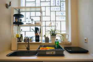 a kitchen counter with a sink and a window at Apartment in ruhiger Lage-Waschmaschine-Balkon in Wolfsburg