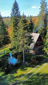 an overhead view of a log cabin with a tree at Gierkówka - Górska Rezydencja Pierwszego Sekretarza in Zwardoń