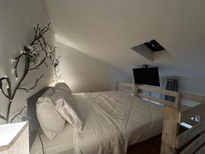 a bedroom with a white bed and a tv at Casa del Cigno in Monterotondo