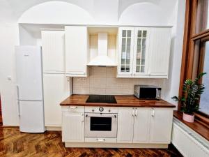 a kitchen with white cabinets and a white refrigerator at Marina Old Town Apartment with 1 free parking offsite in Košice