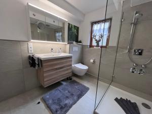 a bathroom with a shower and a sink and a toilet at Ferienwohnung Alpenherz in Obermaiselstein +47 photos