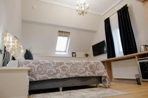 a living room with a couch and a tv at Pensiunea Ideal in Baia Mare