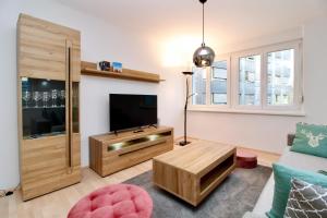 a living room with a flat screen tv and a couch at Graz central Penthouse Style Apt in Graz