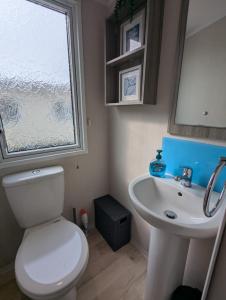 ein Badezimmer mit einer weißen Toilette und einem Waschbecken in der Unterkunft BEAUTIFULLY PRESENTED DOG FRIENDLY CARAVAN on VERY POPULAR LITTLESEA HOLIDAY HAVEN PARK WEYMOUTH in Weymouth