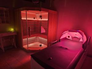 a pink bedroom with a bed and a glass shower at Bien-être & Spa privatif - Spa de nage, sauna, lit hydromassant & relaxation Immersive in Saint-Jean-Ligoure
