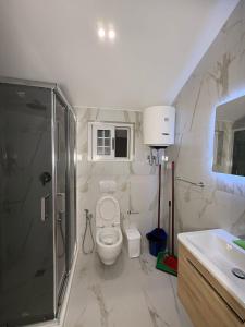 a bathroom with a toilet and a shower and a sink at Vila Kazazi Apartments - 3 Modern Stays - Central Location Shkodër in Shkodër +57 photos
