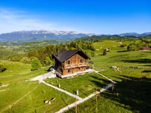 a log cabin in a field with mountains in the background at The Barn in Şirnea