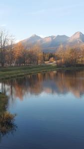 a large lake with trees and mountains in the background at Chata pod zubačkou in Tatranska Strba +28 photos