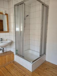 une douche dans une salle de bain avec un lavabo dans l'établissement Ferienwohnung für 6 Personen in Moorhausen, à Varel