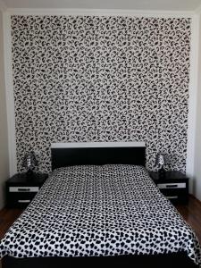 a bedroom with a bed with a black and white patterned wall at Marinella in Telavi