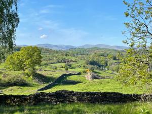 vista su un campo verde con alberi e colline di Lovely Two Bed Cottage in North Kendal a Kendal