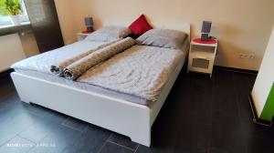 two beds sitting next to each other in a bedroom at Ferienwohnung Landblick in Pirmasens