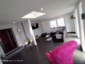 a living room with a pink chair and a couch at Ferienwohnung Landblick - Keine Monteure - in Pirmasens