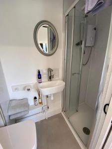 a bathroom with a shower and a sink and a mirror at The Motor House in Worthing