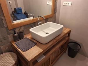 a bathroom with a white sink and a mirror at Balaton Lake House in Balatonudvari
