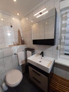 a bathroom with a sink and a toilet and a mirror at Ferienhaus Matthies in Kolpinsee +4 photos