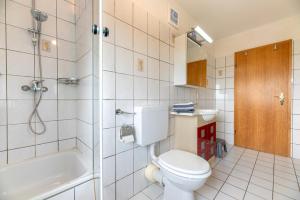 a bathroom with a toilet and a shower and a sink at Ferienhof Bruhn "Nr 2" in Midlum +8 photos