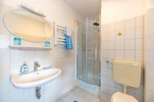 a bathroom with a sink and a shower at Ferienhof Bruhn "Nr 3" in Midlum
