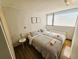 a bedroom with a bed and a table and a window at 2D con estacionamiento Fantastico Depto - D'Home in Concepción