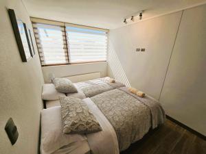 a small bedroom with a bed and a window at 2D con estacionamiento Fantastico Depto - D'Home in Concepción +6 photos