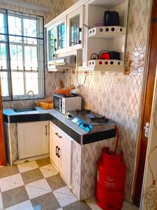 a small kitchen with white cabinets and a red appliance at Bleivory Homes2 in Dar es Salaam