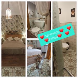 a collage of four pictures of a bedroom at Csacsiország Vendégház in Nógrádsáp +39 photos