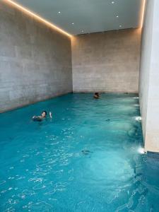 two people swimming in a pool of blue water at Sixt Haven, panoramisch appartement Oosteroever, Oostende in Ostend