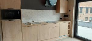 a kitchen with wooden cabinets and a sink and a window at Gite équestre - Domaine aux charmes d'Ethan - Piscine en option in Hannut