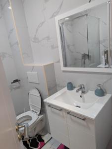 a white bathroom with a toilet and a sink at Podgorica Zabjelo titex 3 in Podgorica +5 photos
