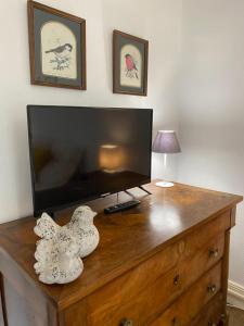 a television on top of a wooden dresser at LA SEIGNEURIE DE TILLAC in Tillac