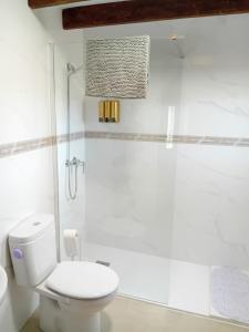 a white bathroom with a toilet and a shower at Casa Rural La Palmera in Cañada del Trigo