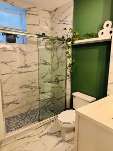 un bagno con doccia in vetro e WC di The Avondale Retreat a Chicago Altre 45 foto