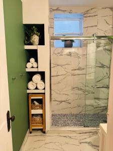 un bagno con doccia con porta in vetro di The Avondale Retreat a Chicago