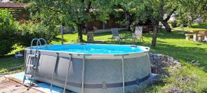 a hot tub in a yard with a table and chairs at Ana Antloga Apartments in Bled