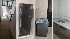 two pictures of a kitchen with a refrigerator and a sink at Cali Residence in Sharm El Sheikh
