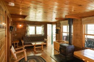 a living room with a wood stove in a cabin at Moose Point Cabin in Greenville