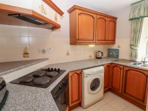 a kitchen with a stove and a washing machine at Catkin Cottage in Wooler