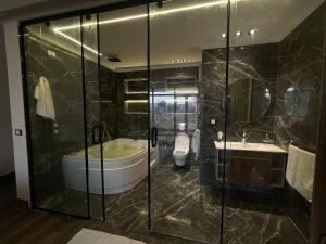 Un baño con ducha, bañera y WC. en Roone pyramids view inn, en El Cairo