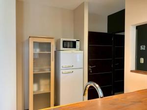 a kitchen with a refrigerator with a microwave on top of it at Joseva 302 in Río Gallegos +4 photos