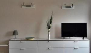 a tv sitting on top of a dresser with a vase at Appartements Sieben-Seen Mölln in Mölln