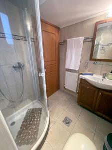 een badkamer met een douche, een toilet en een wastafel bij Joanna's House in Néa Péramos +4 foto's