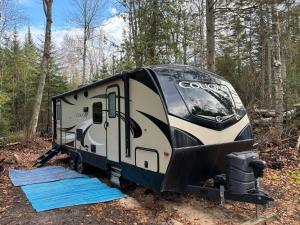 a camper parked on the ground in the woods at Camp Northern Lights-site 1 in Cheboygan