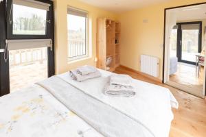una camera da letto con un letto e una grande finestra di Red Sheds Cabin 'Herons Den' a Portarlington