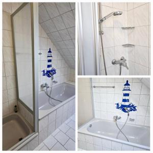 ein Badezimmer mit Dusche und Badewanne mit Duschkopf in der Unterkunft Große Dachgeschosswohnung in Löhne-Bad Oeynhausen in Löhne + 10 Fotos