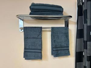 a towel rack with two blue towels on it at Private - Spacious with Jacuzzi and Great Location in Mississauga